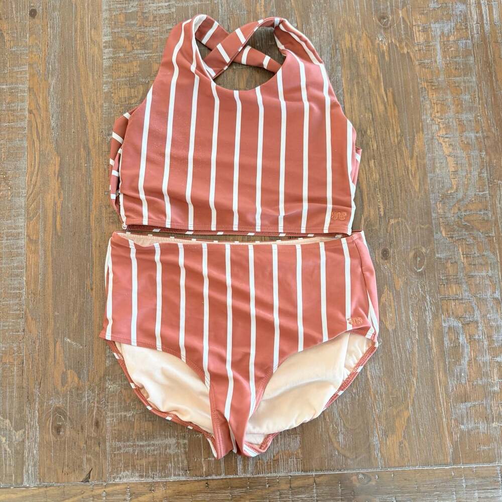 Albion Fit Stripe Cross Straps High Waist Bikini Swimsuit small/medium